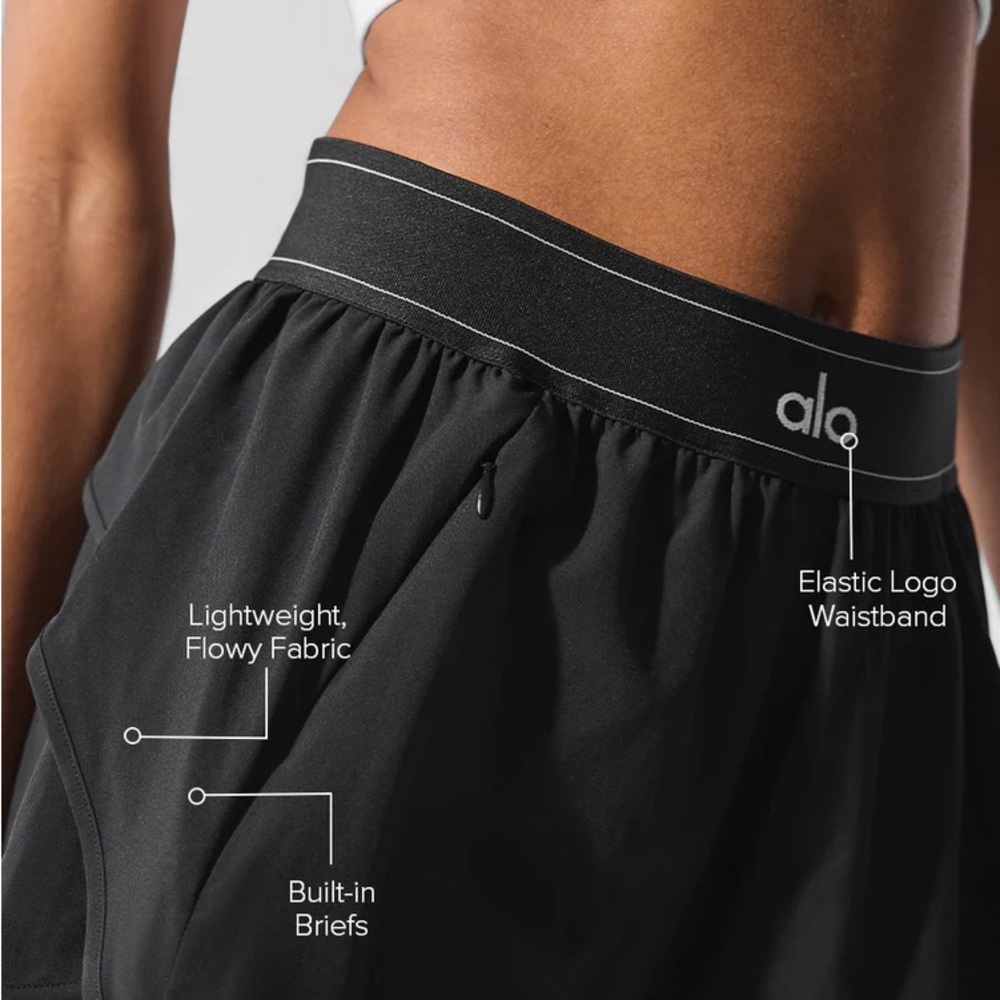 ALO Yoga Black Athletic Flow Shorts with Elastic Logo Waistband